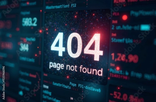 A 404 error displays prominently on a digital screen filled with various statistics and data points. The background is dark, creating a striking contrast with the bright error message.