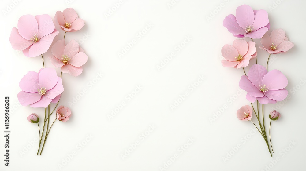 Elegant Paper Flowers Pink Floral Frame Minimalist Design White Background Flat Lay Elegant Paper Flowers Pink Floral Frame Minimalist Design White Background Flat Lay