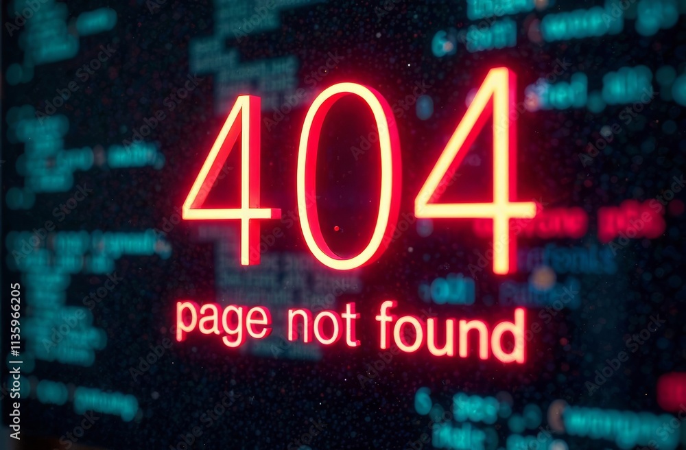 A bright red error message shows 404 page not found against a dark, coded background, indicating a missing webpage in a digital environment. The striking color contrasts with the surrounding text. A bright red error message shows 404 page not found against a dark, coded background, indicating a missing webpage in a digital environment. The striking color contrasts with the surrounding text.