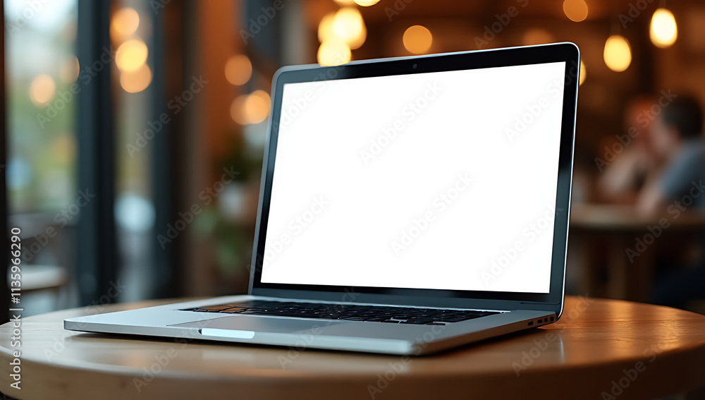 A laptop sits on a café table with a blurred background, its blank screen reflecting the surrounding atmosphere._00028_ A laptop sits on a café table with a blurred background, its blank screen reflecting the surrounding atmosphere._00028_