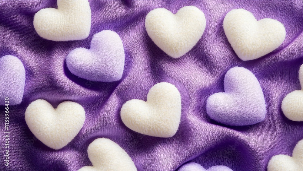 Obraz premium Soft Purple and White Hearts on Silk Fabric Background