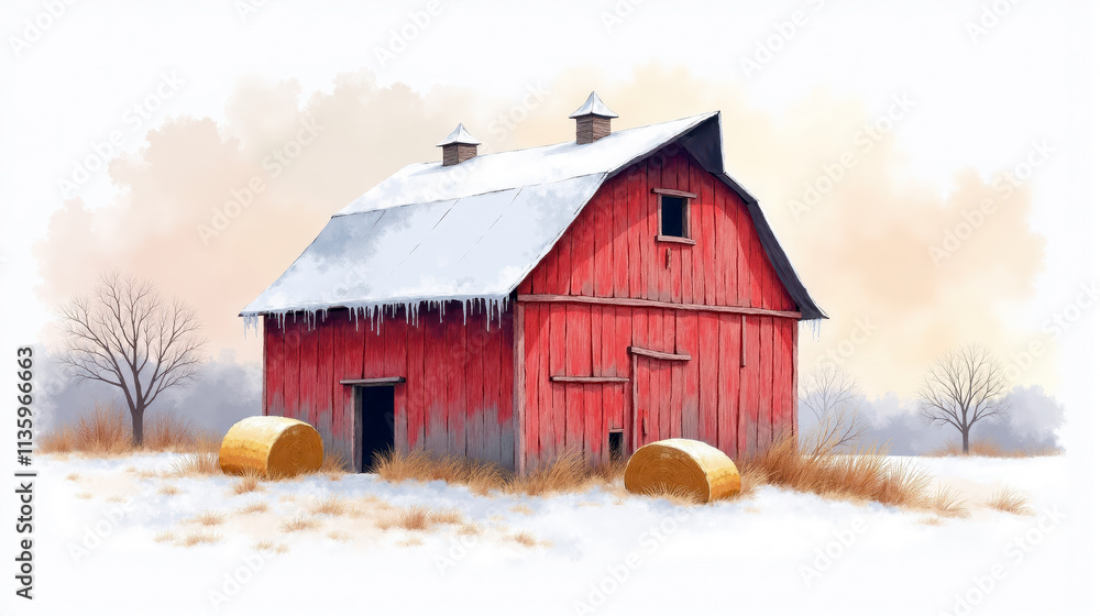 Obraz premium Wintery farm setting showcasing a red barn surrounded by snow and hay bales on a tranquil afternoon