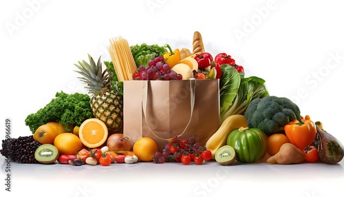 A diverse array of fresh fruits, vegetables, and other food items spilling out of a paper bag on a white background photo