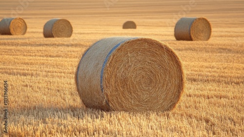 Golden Hay Bales in a Sunlit Field: A Stunning Rural Landscape photo