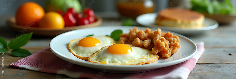A kitchen setup features a selective focus on cooking breakfast food with ingredients and a copy space for a tablecloth backdrop._00002_ A kitchen setup features a selective focus on cooking breakfast food with ingredients and a copy space for a tablecloth backdrop._00002_