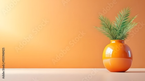 Vibrant Green Plant Arrangement in Bright Orange Vase Indoor Decor Minimalist Style Natural Light Contemporary Home Environment