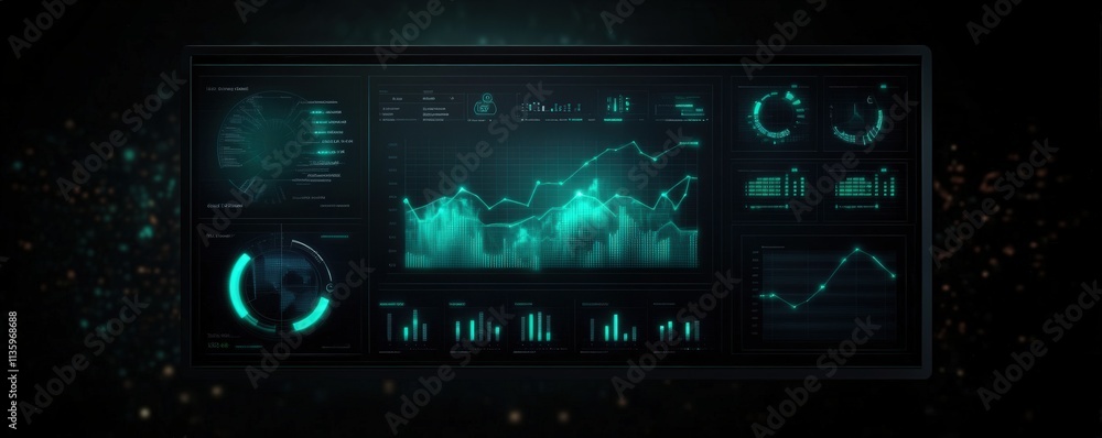 A futuristic interface displaying data visualizations, graphs, and analytics in a teal color scheme against a dark background. A futuristic interface displaying data visualizations, graphs, and analytics in a teal color scheme against a dark background.