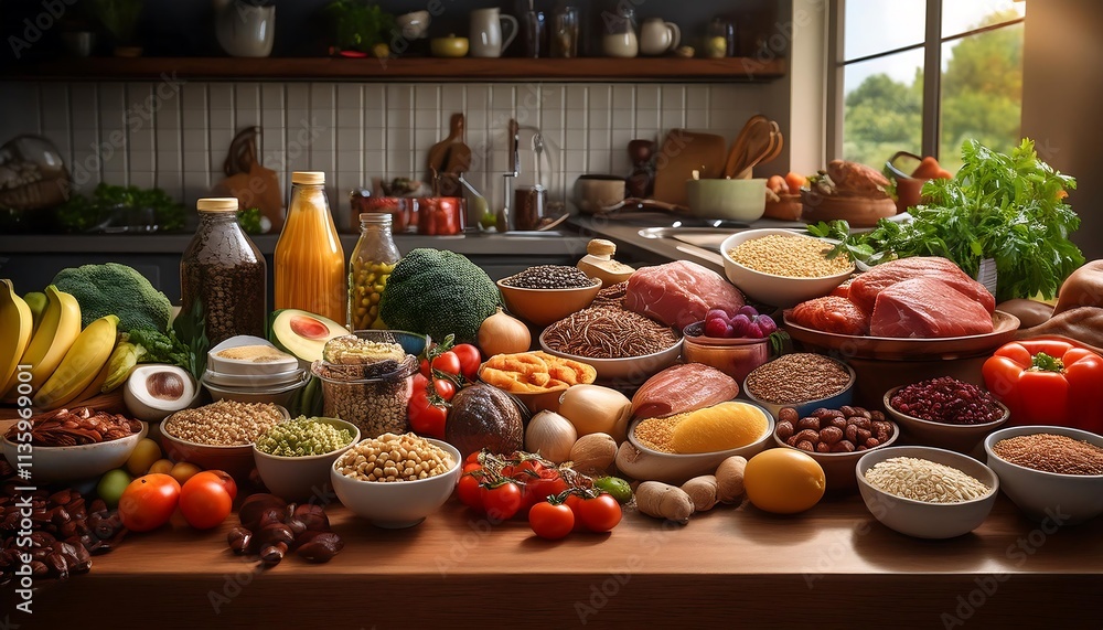 A large variety of food items, including fruits, vegetables, meats, and grains, is displayed on a table with a kitchen in the background. A large variety of food items, including fruits, vegetables, meats, and grains, is displayed on a table with a kitchen in the background.