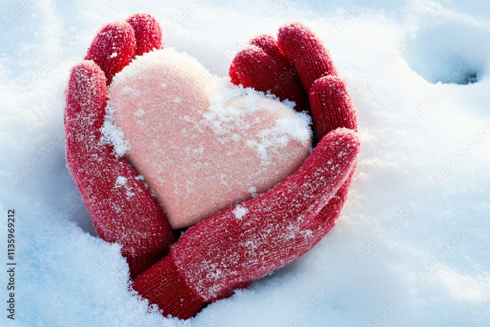 Obraz premium Snowy Heart in Red Gloves Winter Love Concept