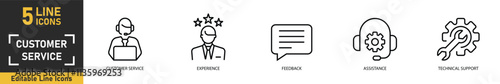 Customer Service line icon set. Set of 5 outline icons related to customer service, experience, feedback, assistance, technical support and more. Vector illustration.