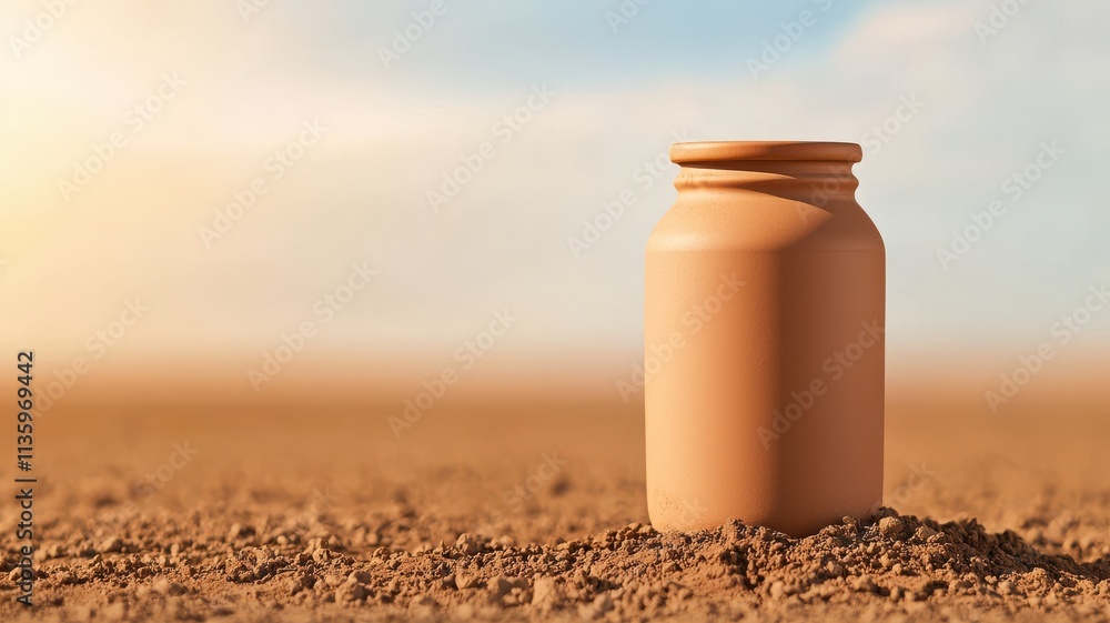 A solitary clay jar stands on barren ground under a soft sky, evoking themes of isolation and simplicity in a vast, empty landscape.