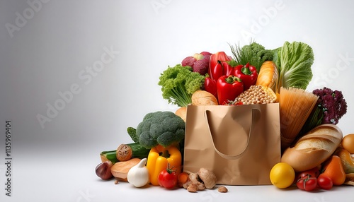 A paper bag is overflowing with a variety of fresh foods on a white background. photo