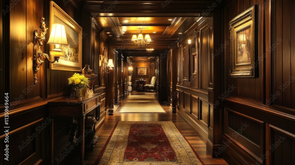 A nostalgic hallway adorned with dark wooden paneling, antique furnishings, and soft yellow lighting casting a warm and inviting glow. A nostalgic hallway adorned with dark wooden paneling, antique furnishings, and soft yellow lighting casting a warm and inviting glow.