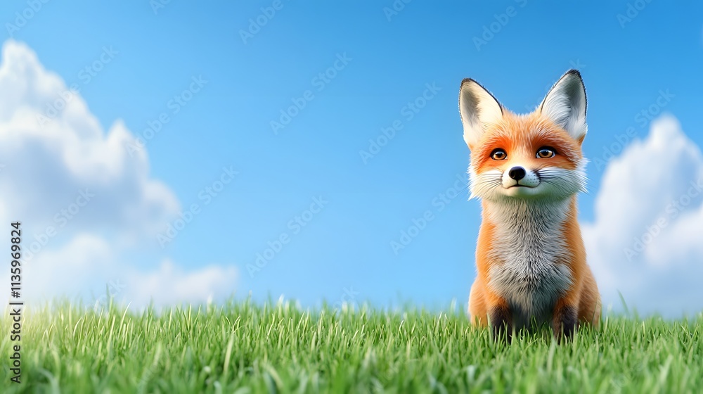 Obraz premium Playful Fox Exploring a Lush Meadow Under a Bright Sky Nature Photography Outdoor Environment Close-Up Perspective