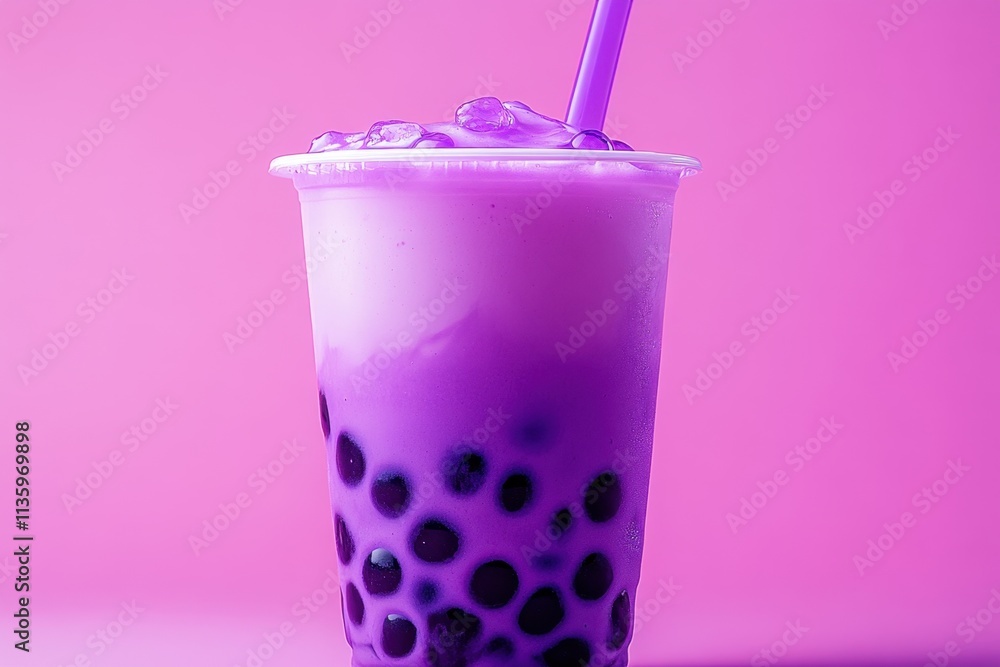 Purple bubble tea on vibrant pink background Purple bubble tea on vibrant pink background