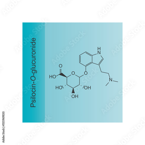 Psilocin-O-glucuronide skeletal structure diagram.psychedelic compound molecule scientific illustration.