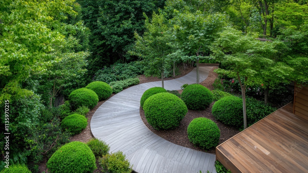 Obraz premium Tranquil garden retreat featuring a harmonious blend of hardscape and lush greenery for relaxation and serenity.