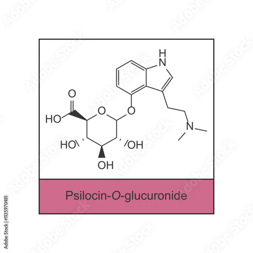 Psilocin-O-glucuronide skeletal structure diagram.psychedelic compound molecule scientific illustration.