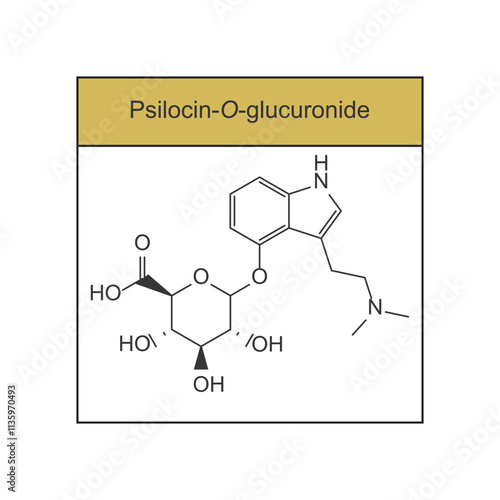 Psilocin-O-glucuronide skeletal structure diagram.psychedelic compound molecule scientific illustration.