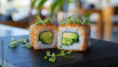 Delicious Avocado Sushi Rolls Topped with Tobiko photo