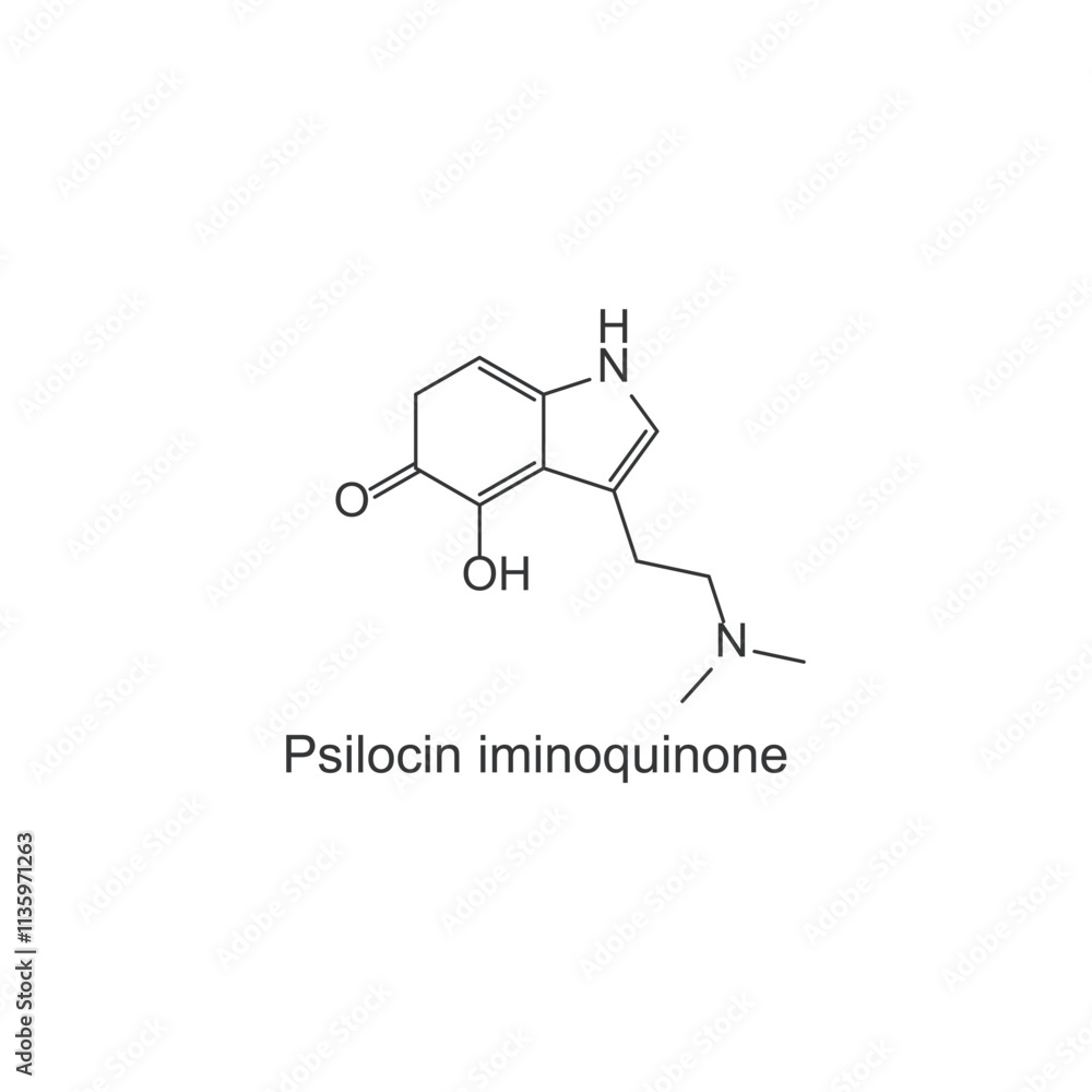 Psilocin iminoquinone skeletal structure diagram.psychedelic compound molecule scientific illustration. Psilocin iminoquinone skeletal structure diagram.psychedelic compound molecule scientific illustration.