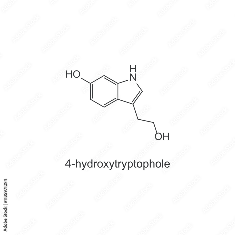 4-hydroxytryptophole skeletal structure diagram.psychedelic compound molecule scientific illustration. 4-hydroxytryptophole skeletal structure diagram.psychedelic compound molecule scientific illustration.
