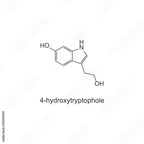 4-hydroxytryptophole skeletal structure diagram.psychedelic compound molecule scientific illustration.