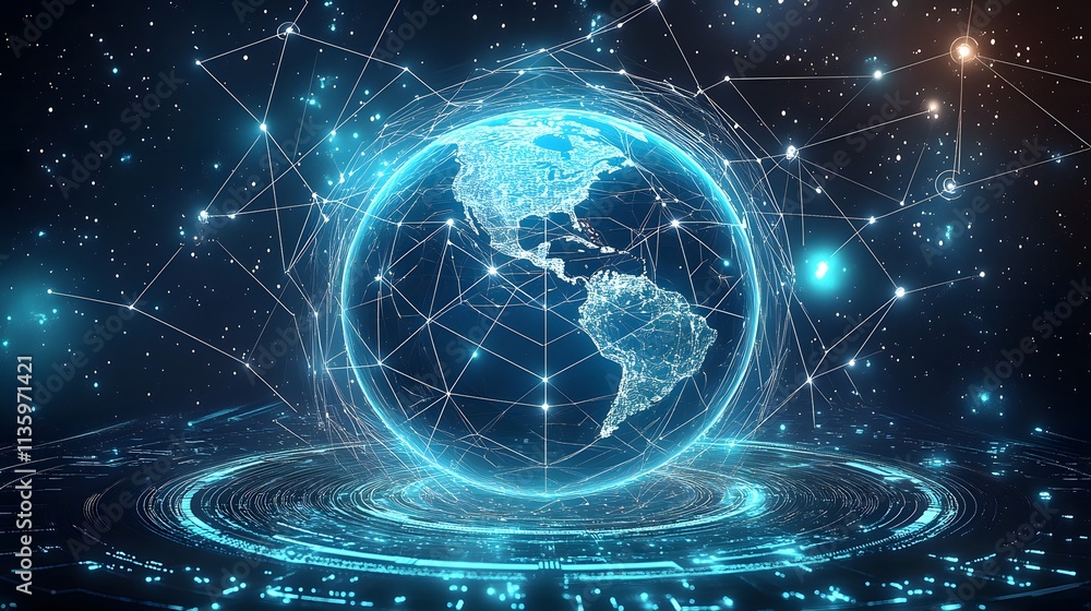 Fototapeta premium Mobile global internet communications. World wide web on phone via wireless satellite network technology. Smartphone digital connection at clouds services of all earth. Holographic abstract interface