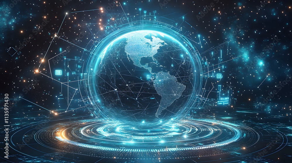 Fototapeta premium Mobile global internet communications. World wide web on phone via wireless satellite network technology. Smartphone digital connection at clouds services of all earth. Holographic abstract interface
