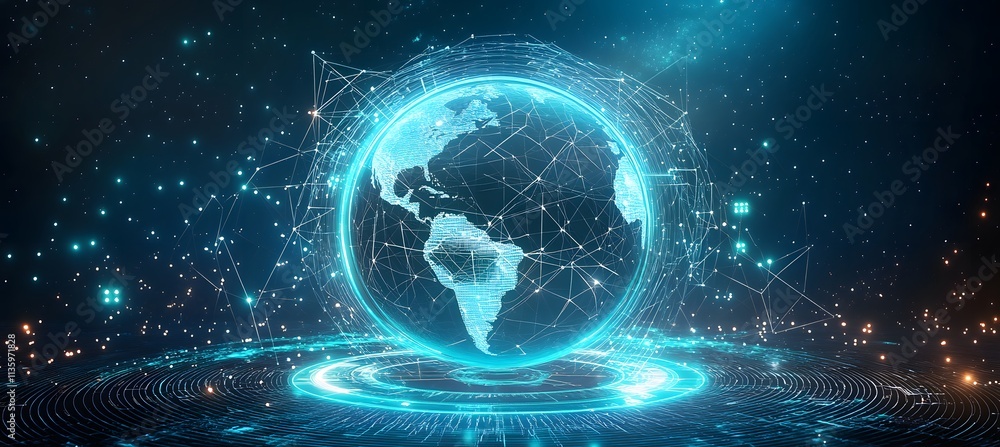 Obraz premium Mobile global internet communications. World wide web on phone via wireless satellite network technology. Smartphone digital connection at clouds services of all earth. Holographic abstract interface