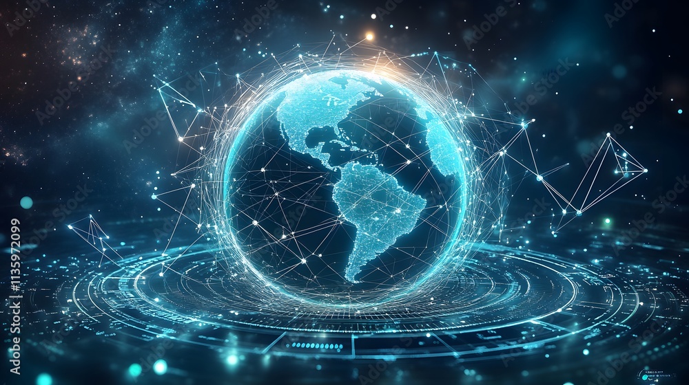 Obraz premium Mobile global internet communications. World wide web on phone via wireless satellite network technology. Smartphone digital connection at clouds services of all earth. Holographic abstract interface