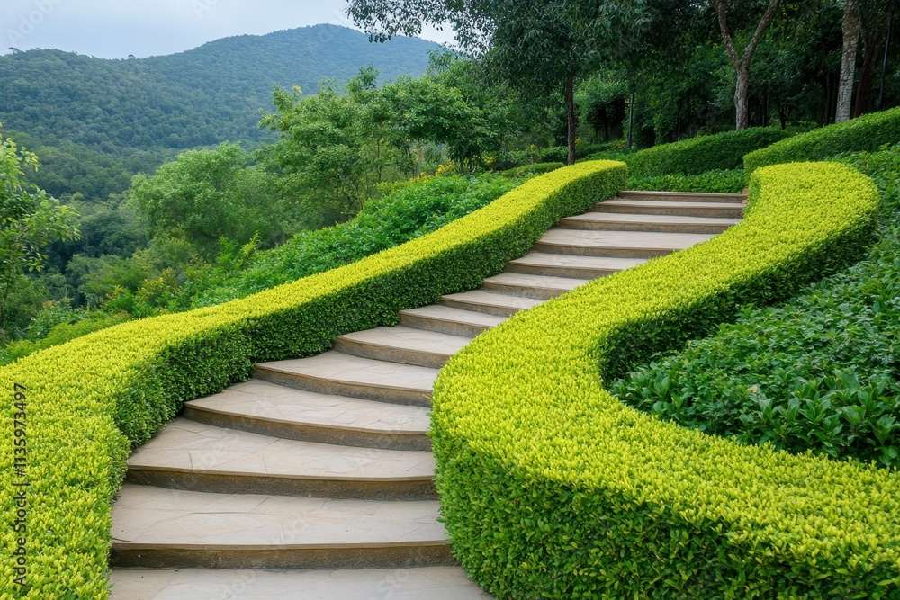 Obraz premium Hardscape steps winding through a serene garden, inviting exploration and tranquility in nature's embrace.