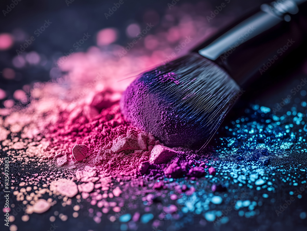 Multicolored powder with makeup brush against dark background, creative art concept. Powder, blush and eye shadow in different colors. Multicolored powder with makeup brush against dark background, creative art concept. Powder, blush and eye shadow in different colors.