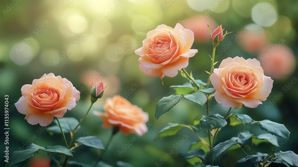 Peach roses blooming in garden sunlight. Peach roses blooming in garden sunlight.