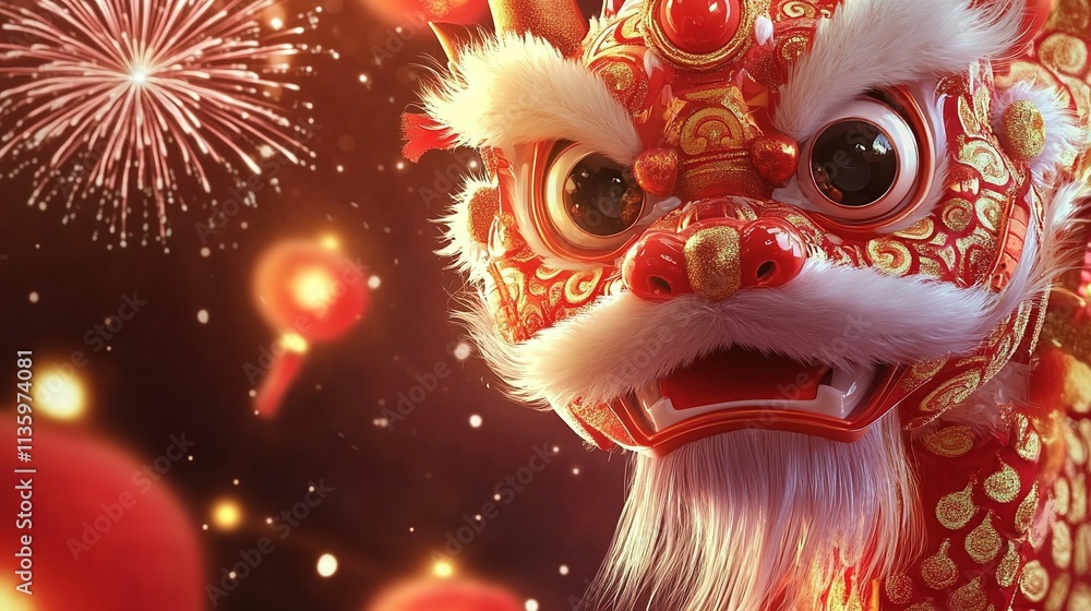Chinese New Year celebration, with a red Chinese dragon head and fireworks in the background Chinese New Year celebration, with a red Chinese dragon head and fireworks in the background