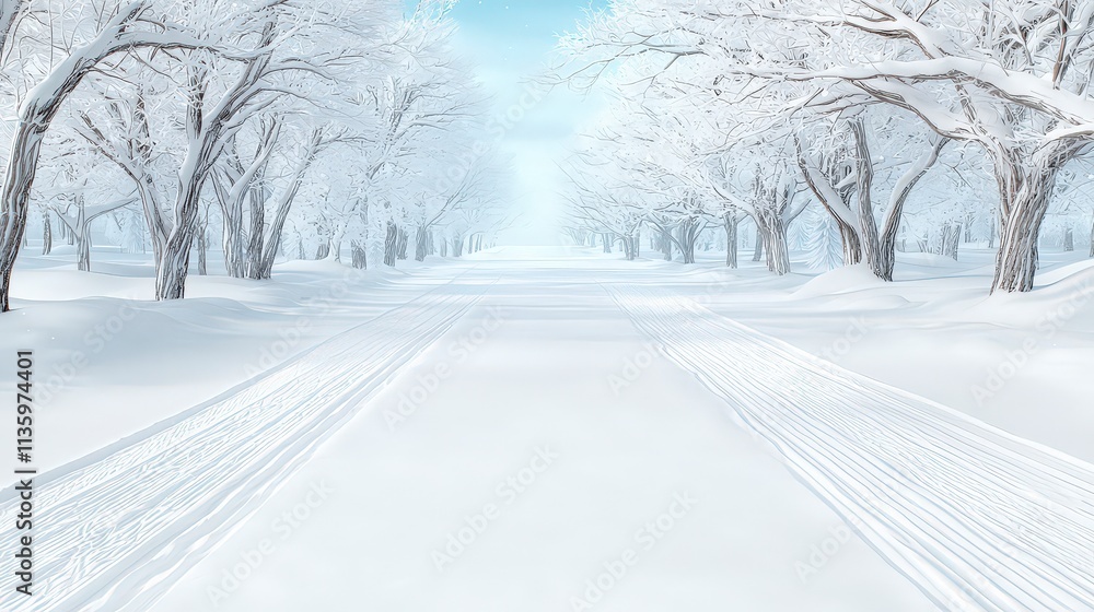 Obraz premium Snowy Winter Forest Path Serene Winter Wonderland Scene