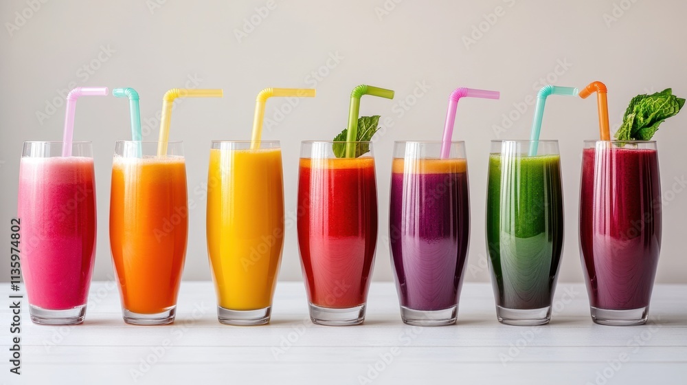 Colorful fresh fruit juices in tall glasses Colorful fresh fruit juices in tall glasses