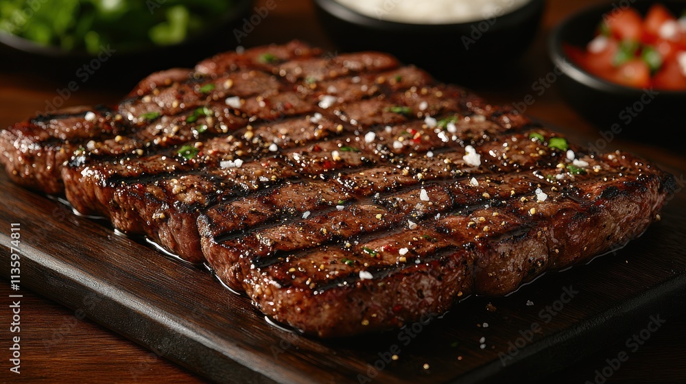 Perfectly seared steak on a wooden board with seasonings. Perfectly seared steak on a wooden board with seasonings.