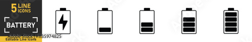 Battery line icon set. Set of 5 outline icons related to battery, charger, charge, indicator and more. Vector illustration.