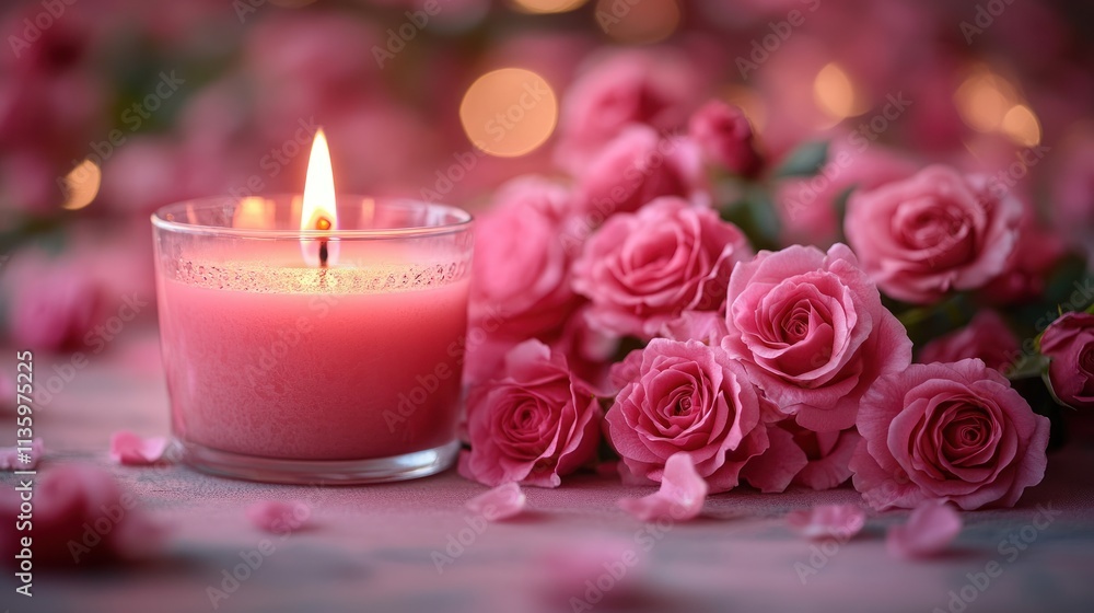 Pink candle and roses in soft light. Romantic ambiance. Pink candle and roses in soft light. Romantic ambiance.