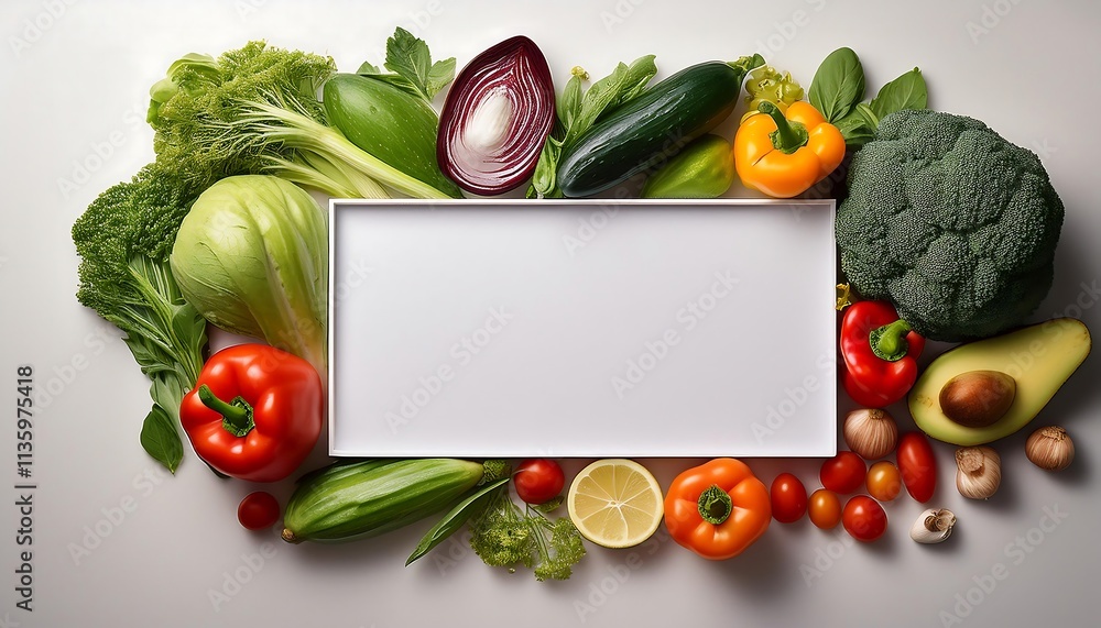 A white rectangle surrounded by an array of fresh vegetables on a white background. A white rectangle surrounded by an array of fresh vegetables on a white background.