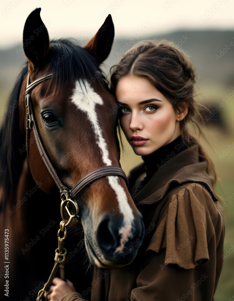 Obraz premium Equestrian elegance in nature - horse girl aesthetic for print and design