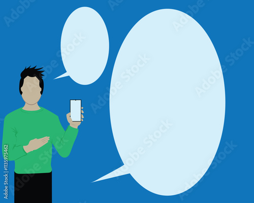 vector illustration design of a man holding a cellphone while pointing and explaining something or providing information and there is a blank conversation balloon next to him