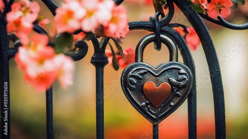 A heart-shaped lock hanging on an iron fence, symbolizing love and affection in the background of blooming flowers and trees
