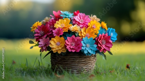 Wallpaper Mural Colorful paper flowers arrangement in a basket outdoor garden setting nature photography Torontodigital.ca