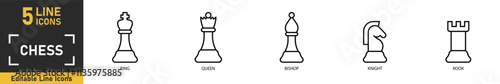 Chess pieces line icon set. Set of 5 outline icons related to chess pieces, king, queen, bishop, knight, rook, pawn and more. Vector illustration.