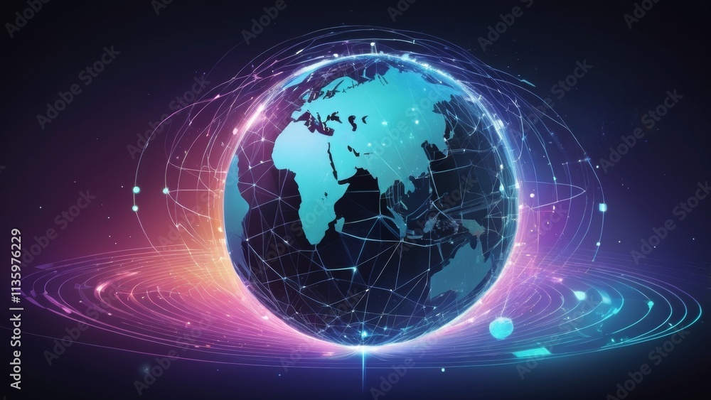 A conceptual representation of the potential of the internet, featuring a glowing globe made up of interconnected digital lines, symbols, and icons representing various aspects of the online world. Th A conceptual representation of the potential of the internet, featuring a glowing globe made up of interconnected digital lines, symbols, and icons representing various aspects of the online world. Th