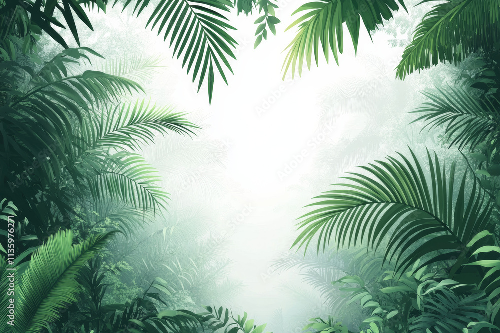 Lush tropical jungle background with vibrant green plants and misty atmosphere Lush tropical jungle background with vibrant green plants and misty atmosphere