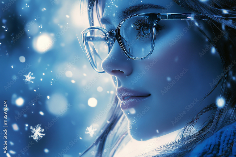 A beautiful young woman in glasses and winter on the background of snowfall.