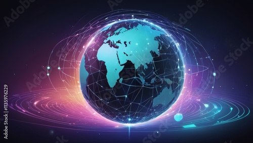 A conceptual representation of the potential of the internet, featuring a glowing globe made up of interconnected digital lines, symbols, and icons representing various aspects of the online world. Th